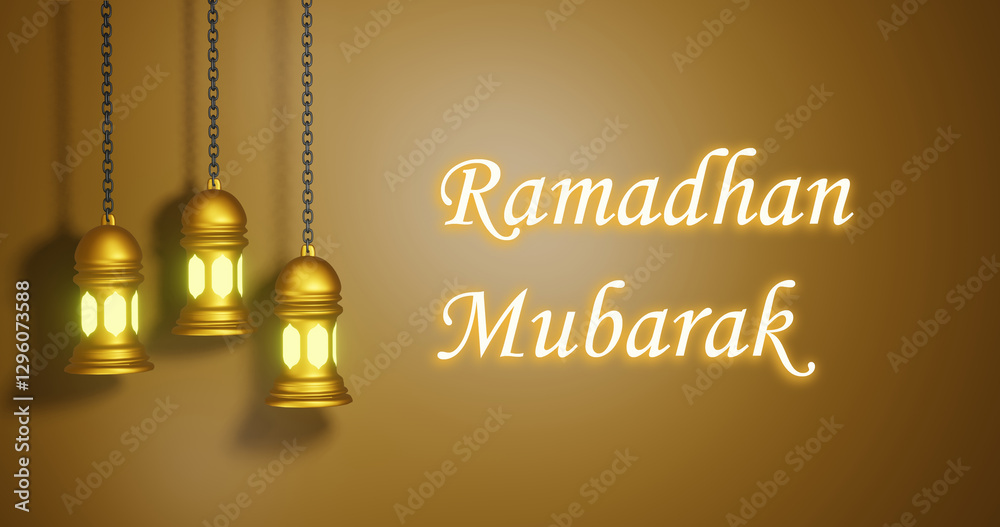 Fototapeta premium Ramadhan Mubarak with Light Effect and Hanging Golden Lanterns