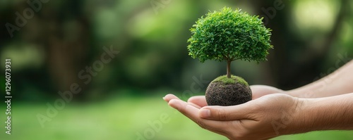 A person gently holds a small, lush tree on a mossy base, symbolizing growth and care in a serene, green environment.