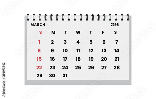 Vector horizontal folding desk calendar March 2026 year. Calendar week starts Sunday. March layout organizer. Calendar template for printing