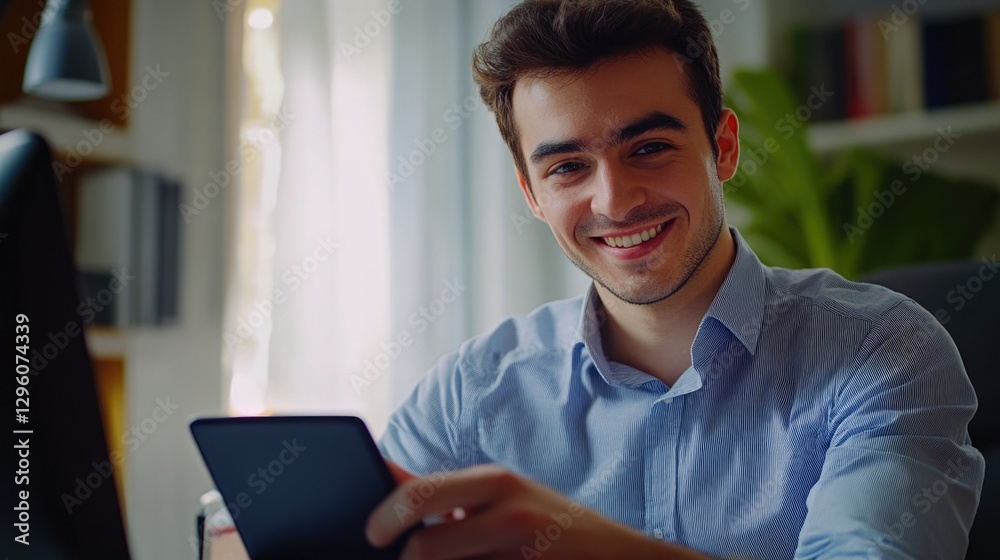 Happy businessman laughing with digital tablet on desk in modern office environment. Happy businessman laughing with digital tablet on desk in modern office environment.