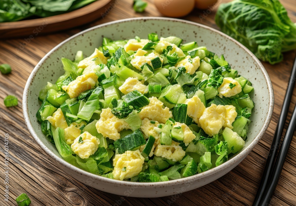 Fresh Chopped Greens with Scrambled Eggs in a Bowl on Wooden Table Surrounded by Ingredients for a Healthy Meal Preparation Fresh Chopped Greens with Scrambled Eggs in a Bowl on Wooden Table Surrounded by Ingredients for a Healthy Meal Preparation
