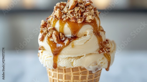 A close-up of a rich caramel swirl ice cream cone, with syrup dripping down the sides and a sprinkle of crushed nuts.