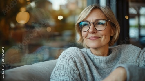 A woman in glasses deeply engrossed in a book, suggesting intellectual pursuits or relaxation at home. photo