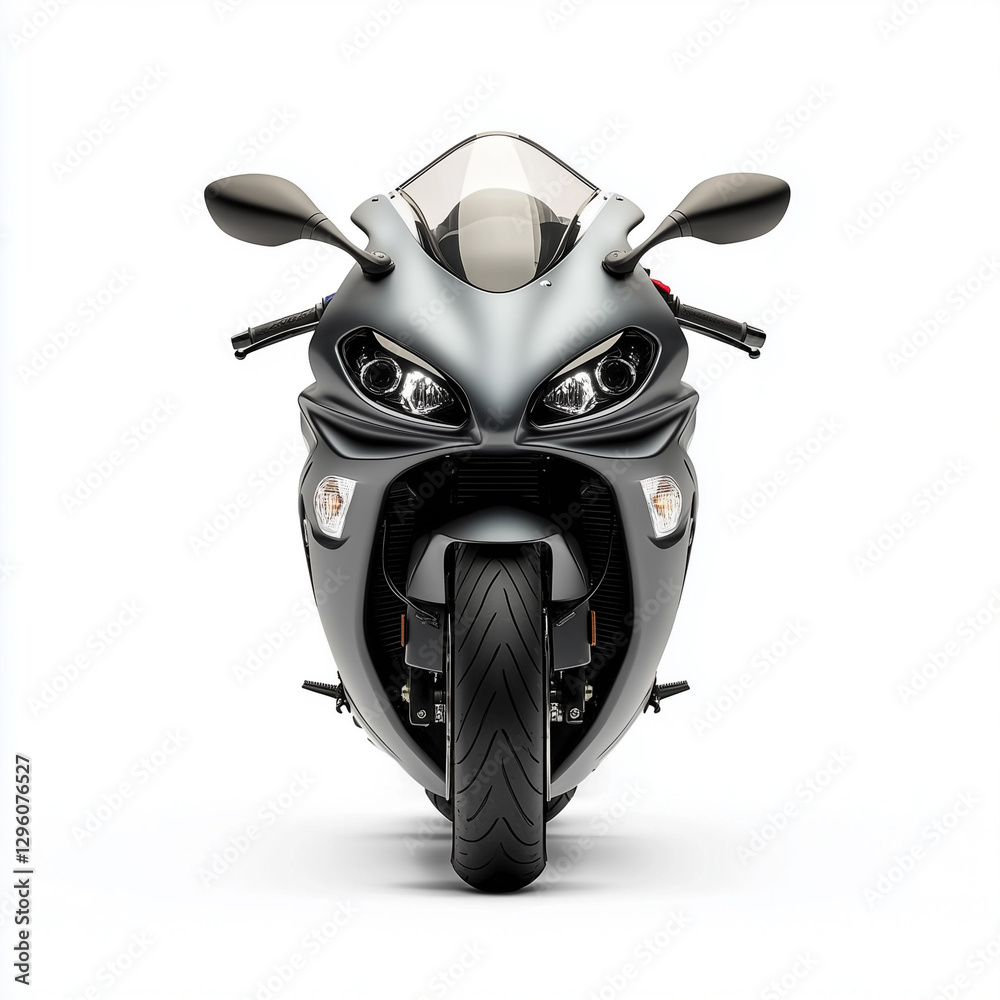 Head-on view of Sport bike, Motorcycle, front facing vehicle, isolated on white