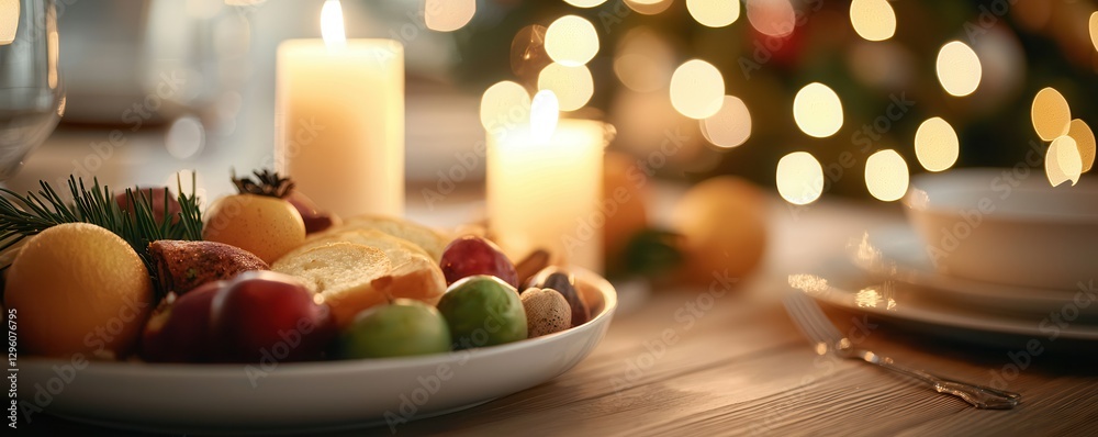 A cozy holiday table setting with candles, festive decorations, and a plate of colorful fruits, creating a warm and inviting atmosphere. A cozy holiday table setting with candles, festive decorations, and a plate of colorful fruits, creating a warm and inviting atmosphere.