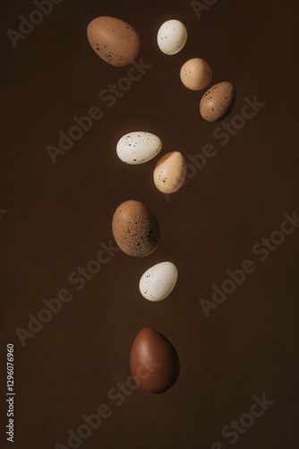 Artistic arrangement of falling eggs on a brown background photo