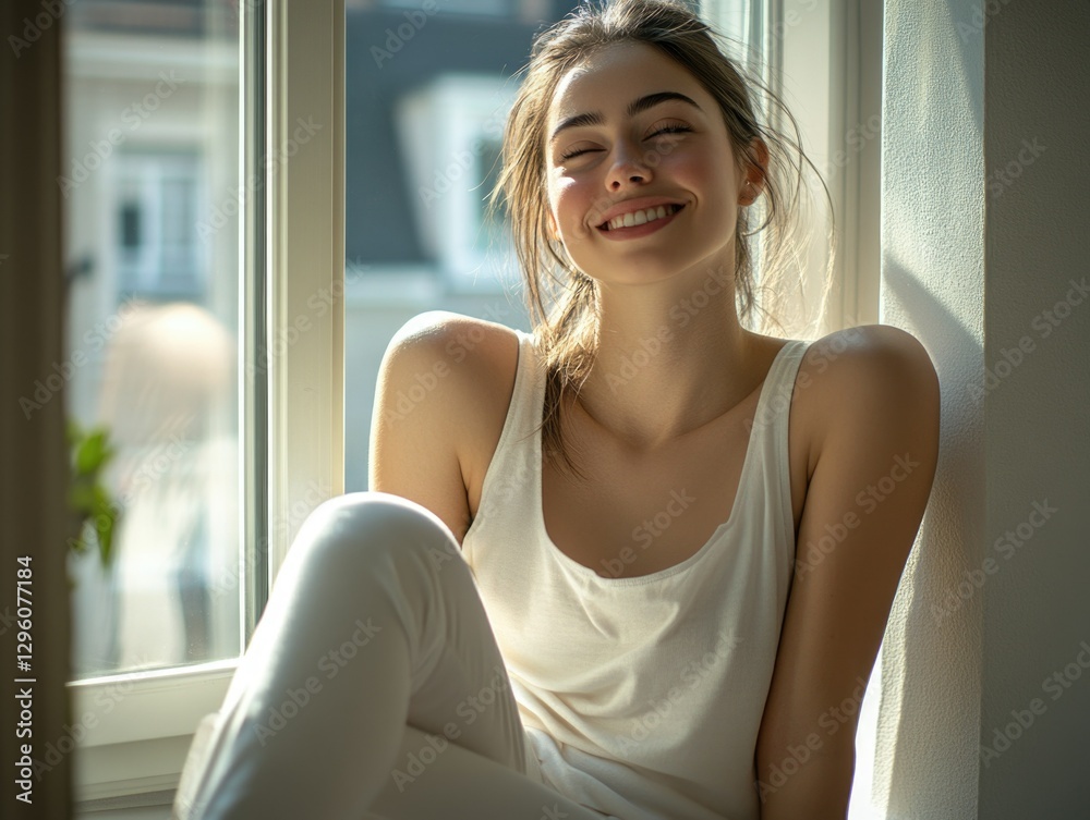 This is a candid photograph of a woman enjoying a peaceful moment by an open window, basking in sunlight. Her smile radiates contentment and relaxation. This is a candid photograph of a woman enjoying a peaceful moment by an open window, basking in sunlight. Her smile radiates contentment and relaxation.