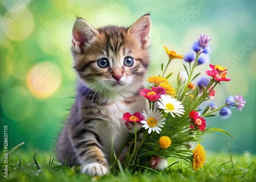 Fototapeta Adorable Kitten Playing in Spring Flowers and Grass - Green Background Stock Photo