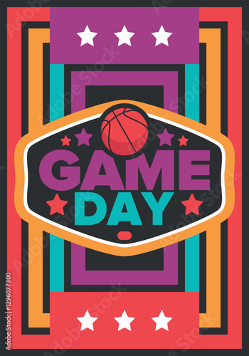 Game Day. Basketball football playoff in March. Super sport party in United States. Final games of season tournament. Professional team championship. Ball for basketball. Sport poster. Vector