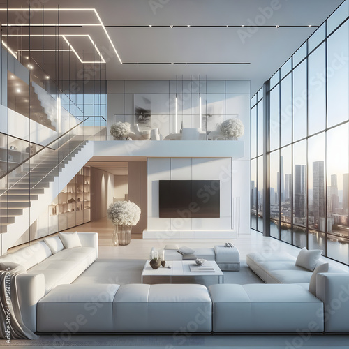 Modern living room in Dallas featuring large windows and a spacious staircase, showcasing contemporary design and natural light.


