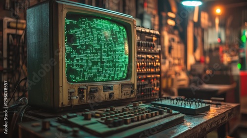 Retro Computer With ARPANET Interface Displaying Green Text in Vintage Workspace. Generative AI