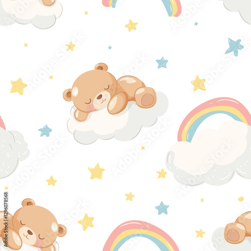 Cute little bear sleeping rainbow seamless pattern, vector illustration, Hand Drawn Cute kids graphics prints for pajamas textile