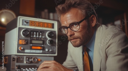 Vintage Scientist Using an ARPANET Terminal in 1960s Office Setting. Generative AI