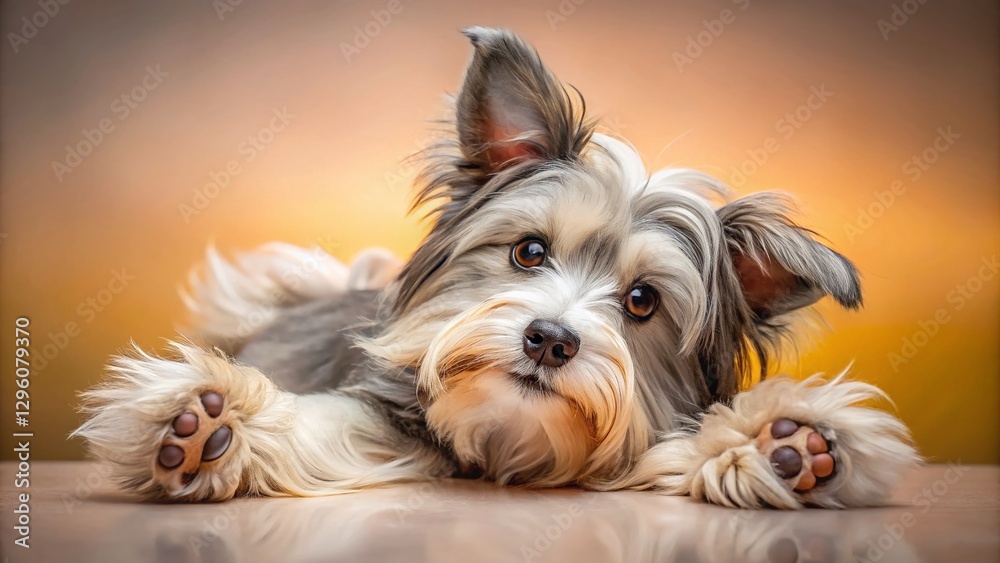 Adorable Lowchen Puppy Dog Playful Back Paws Up Pastel Background Low Light Photo Adorable Lowchen Puppy Dog Playful Back Paws Up Pastel Background Low Light Photo