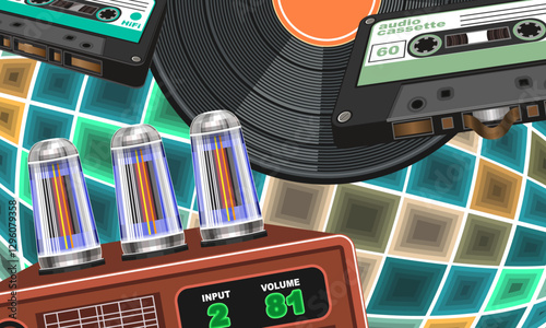 Multicolored collage with randomly placed objects related to the music culture of the 80s-90s. Tube amplifier, vinyl record, audio cassettes on the background of a disco ball. Vector illustration