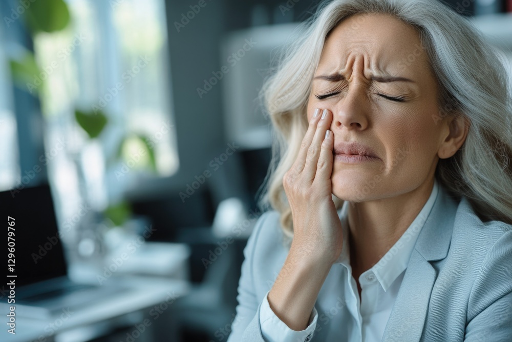 Fototapeta premium Woman in an office with a headache, seeking relief.