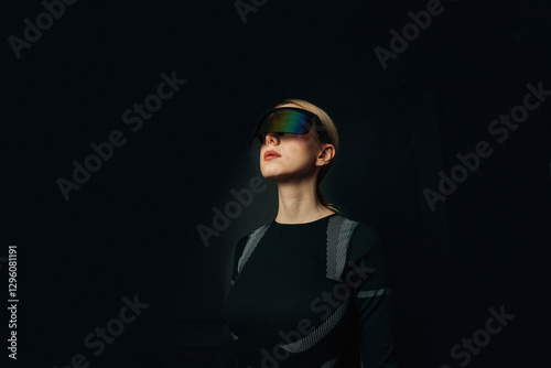Person wearing VR glasses in a dark setting with a futuristic theme