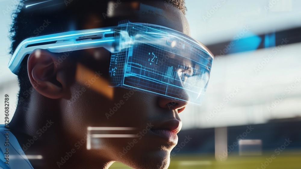 Enhancing athletic performance, a young athlete wears smart glasses that display real-time data while training on a sunny outdoor sports field. Advanced technology aids focus and precision Enhancing athletic performance, a young athlete wears smart glasses that display real-time data while training on a sunny outdoor sports field. Advanced technology aids focus and precision