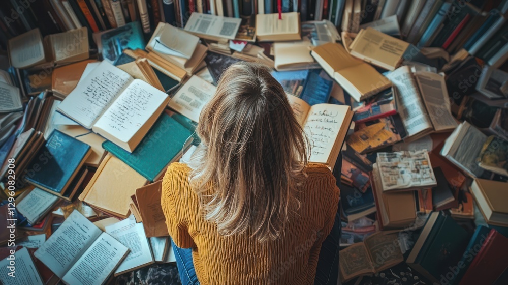 Woman Reading Book Surrounded by Piles of Open and Closed Books Woman Reading Book Surrounded by Piles of Open and Closed Books