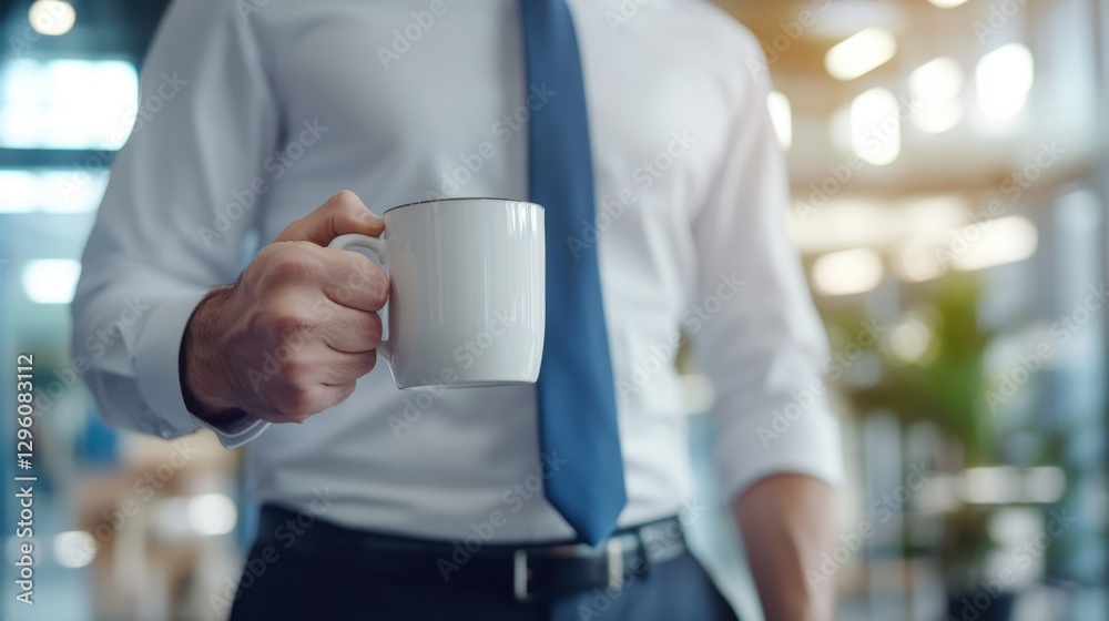Close-up view of a businessman dressed in a crisp white shirt and blue tie, holding a white coffee mug in a stylish office setting, ready for an important morning meeting