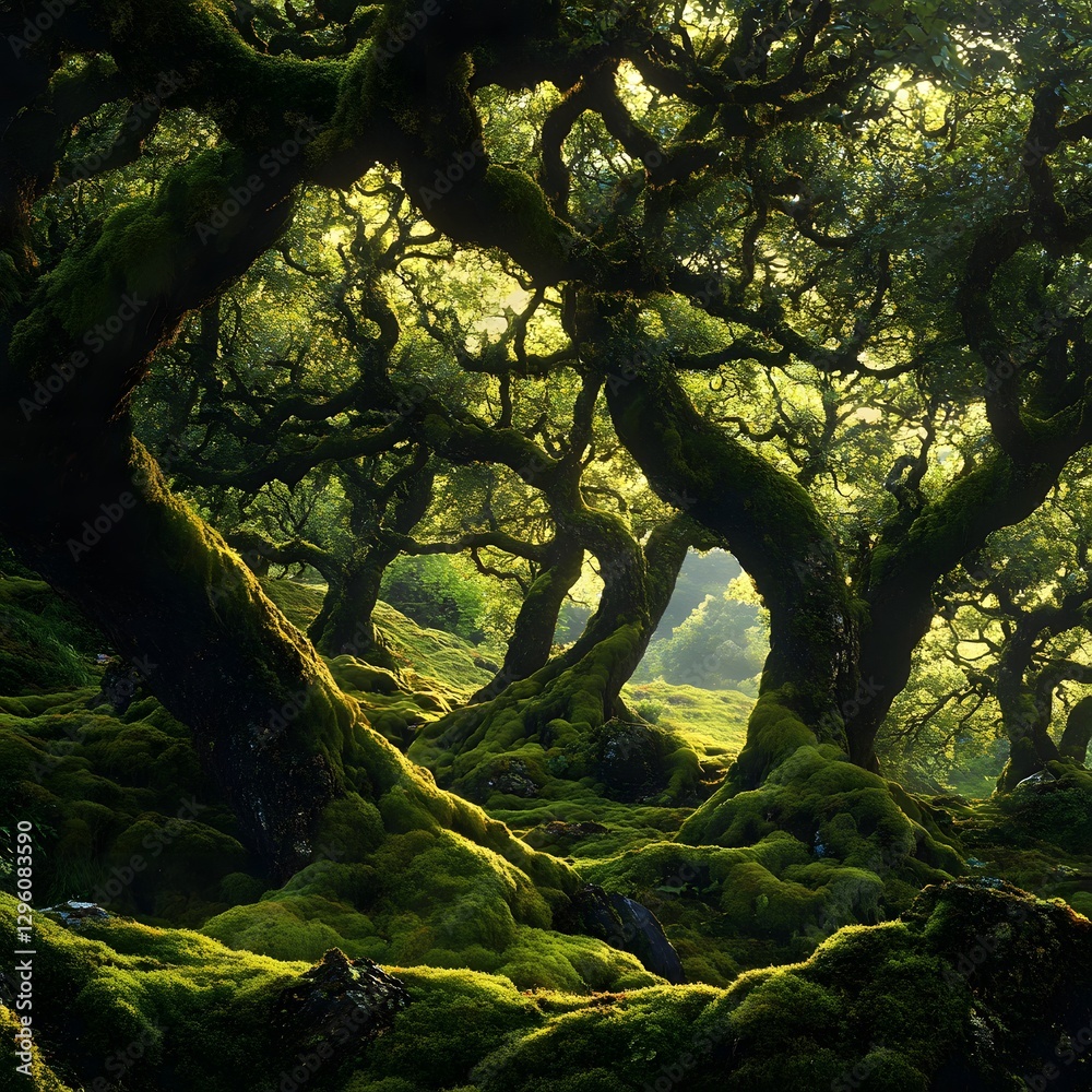 Fototapeta premium Mysterious woodland scene with ancient mossy trees twisting in surreal patterns, creating a dreamlike, otherworldly forest landscape. 