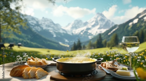 Guests enjoy a delicious pot of cheese fondue surrounded by a beautifully set dining table at a Swiss alpine lodge. The breathtaking mountains create a picturesque backdrop