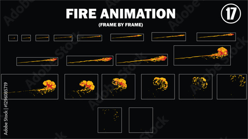 Sprite sheet animation of fire, fire balls, flaming rock, firey claw, fire explosion, firethrower, torch, campfire, fire trap, fire pillar, frame by frame animation of fire.