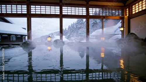 Traditional Ryokan Onsen: A Serene Outdoor Hot Spring in a Snowy Winter Wonderland