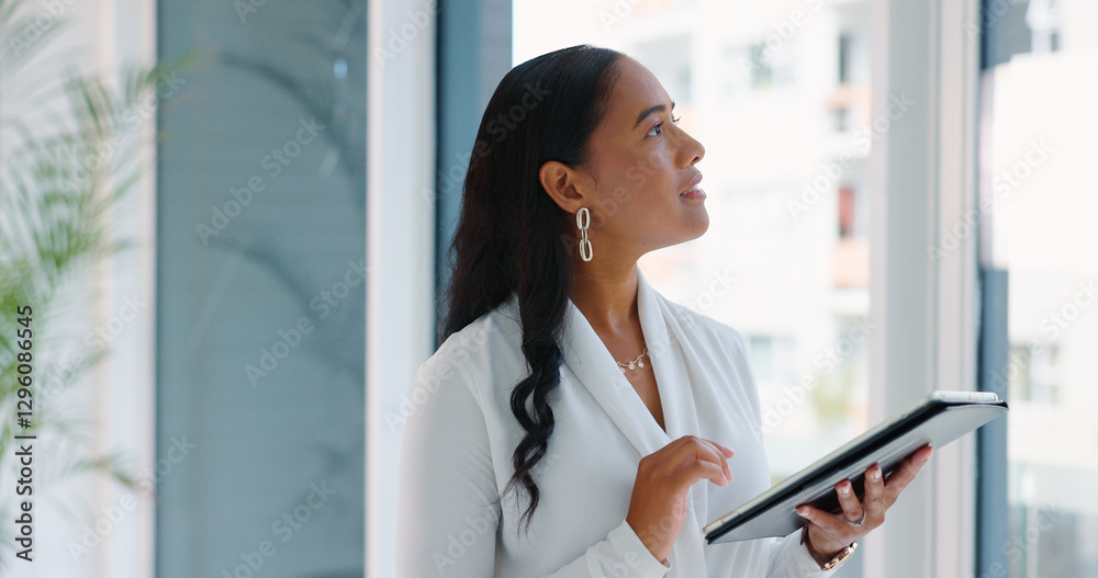 Business woman, tablet and reading in hallway at modern office with communication, vision and networking. Person, touchscreen and typing with thinking, application and problem solving in workplace Business woman, tablet and reading in hallway at modern office with communication, vision and networking. Person, touchscreen and typing with thinking, application and problem solving in workplace