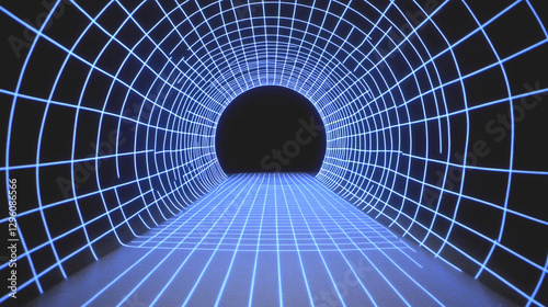 Fototapeta Naklejka Na Ścianę i Meble -  Abstract Glowing Blue Grid Tunnel Digital Art Background