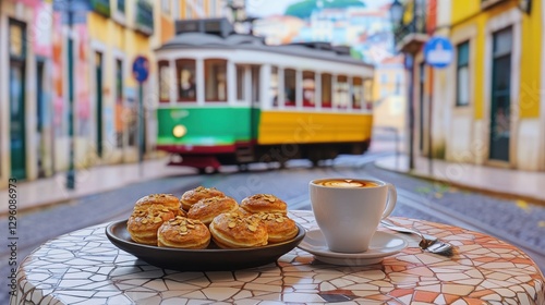 A table at a quaint pastelaria features golden pastries and a steaming cup of coffee, set against the backdrop of a colorful tram rolling through Lisbon's charming streets