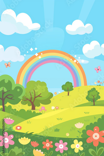 A bright and cheerful vector illustration of a rainbow arching over rolling green hills, with flowers, trees, butterflies, and a sunny blue sky. A whimsical and playful nature scene.