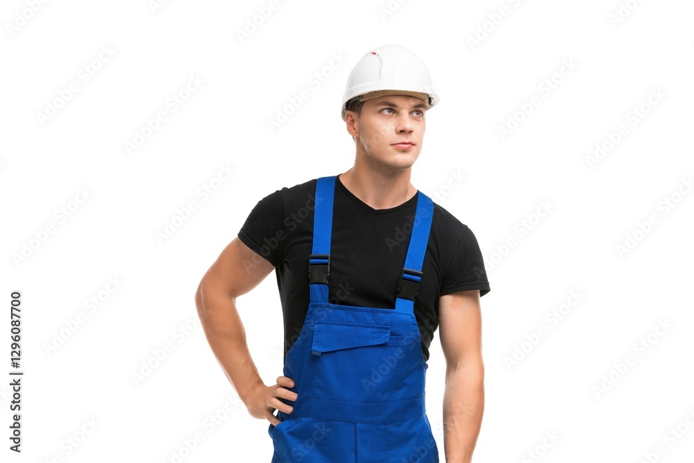 Worker in blue overalls and hard hat stands confidently with hands on hips Worker in blue overalls and hard hat stands confidently with hands on hips