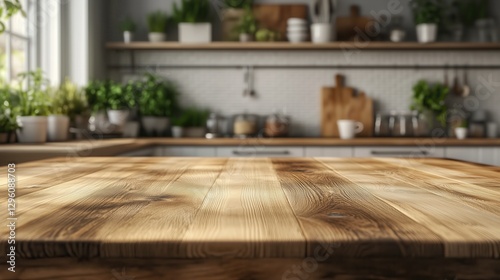 Cozy Kitchen Interior with Wooden Table and Green Plants on Shelves, Inviting Space for Cooking and Gathering with Natural Light Streaming In