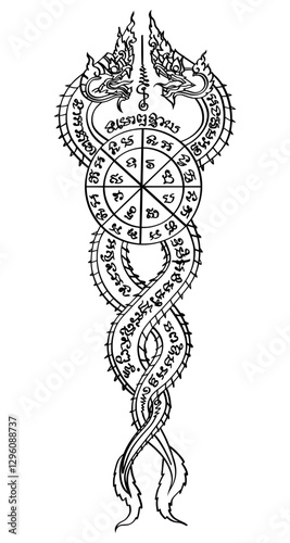 Thai traditional tattoo. Yant Phaya Nak Kiaw or Naga Intertwined Yantra. Thai text translation:  love, relationships, and harmony.