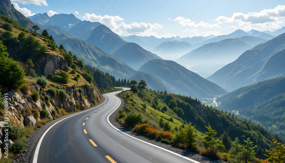 Fototapeta premium A breathtaking view of a curvy mountain road surrounded by vibrant greenery and dramatic landscapes, cut out and isolated on a transparent background.