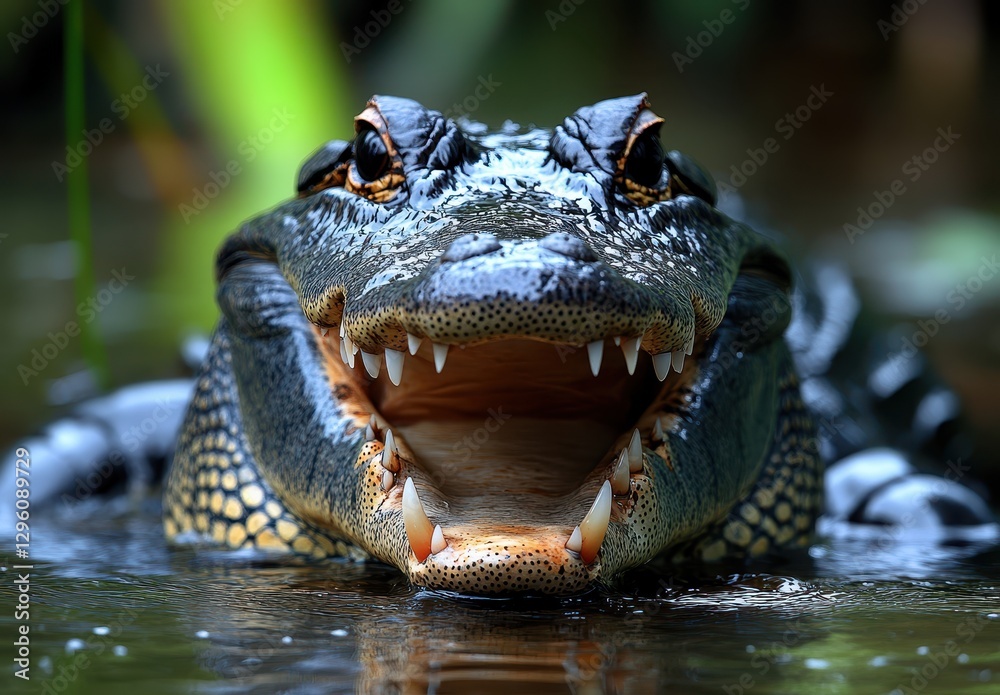 Fototapeta premium Intimidating Close-Up of a Alligator Sunbathing in a Natural Habitat Surrounded by Lush Greenery Reflecting in Calm Water During Bright Daylight