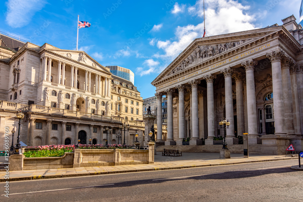 Royal Exchange and Bank of England buildings in City of London, UK