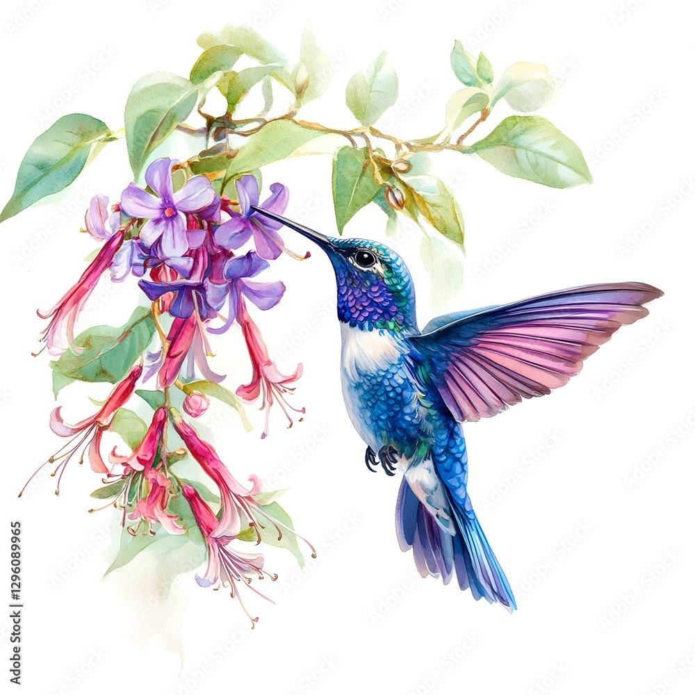 Obraz premium Vibrant Watercolor Hummingbirds & Exotic Flowers! 