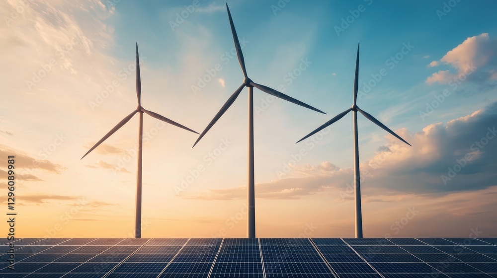Wind turbines and solar panels at sunset. Concept of sustainable resources, green energy, and renewable energy. Wind turbines and solar panels at sunset. Concept of sustainable resources, green energy, and renewable energy.