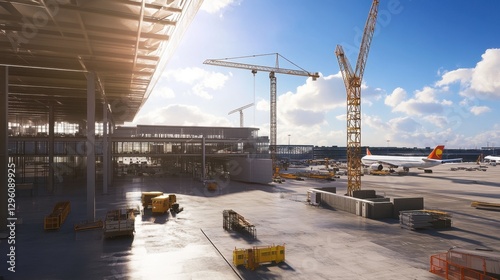 A historic international airport is undergoing extensive renovations, featuring cranes and construction materials on-site as crews work to enhance facilities for future travelers
