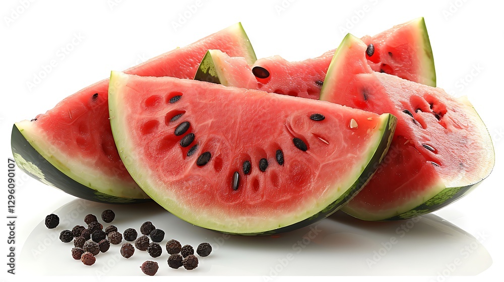 Watermelon halves with multiple triangular cuts exposing the natural sweetness set against a bright white background Watermelon halves with multiple triangular cuts exposing the natural sweetness set against a bright white background