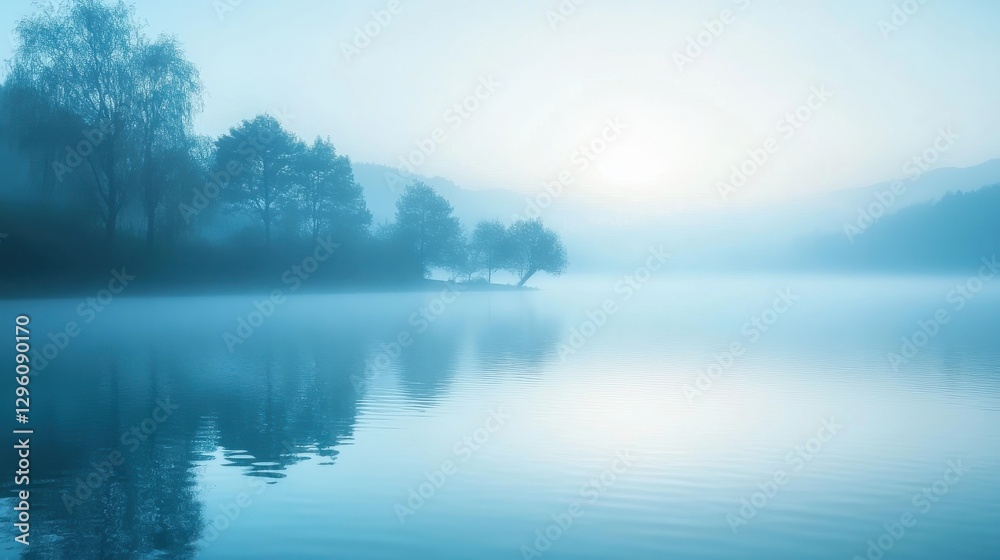 Serene misty lake at dawn with ethereal blue hues and reflective waters Serene misty lake at dawn with ethereal blue hues and reflective waters
