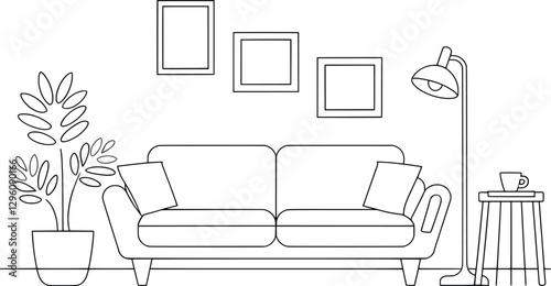 Minimalist Living Room Line Art Vector Silhouette,  Modern Interior Design Illustration.