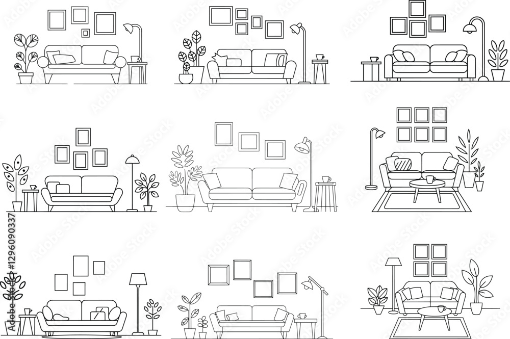 Minimalist Living Room Line Art Vector Set, Modern Home Interior Illustrations. Minimalist Living Room Line Art Vector Set, Modern Home Interior Illustrations.