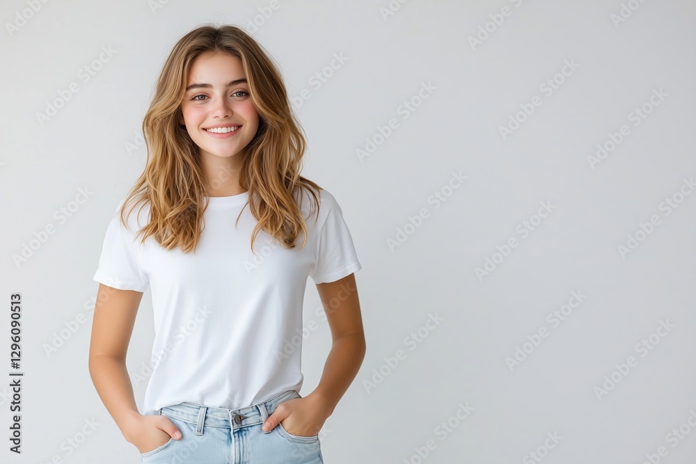 Obraz premium Freundliche junge Frau im weißen T-Shirt – Lächelndes Portrait vor neutralem Hintergrund