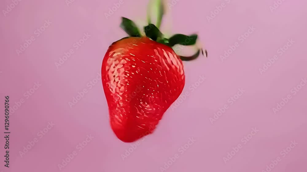 a ripe strawberry flying gracefully against a light fuchsia background