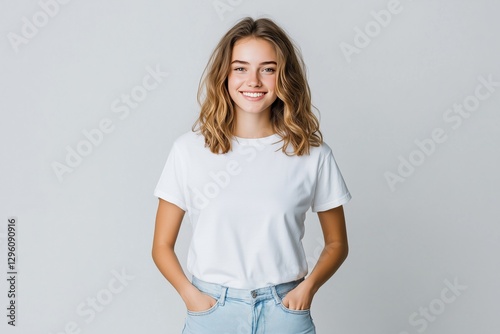 Freundliche junge Frau im weißen T-Shirt – Lächelndes Portrait vor neutralem Hintergrund

