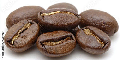 Close-up photo, freshly roasted coffee beans on white background, perfect for cafe menu