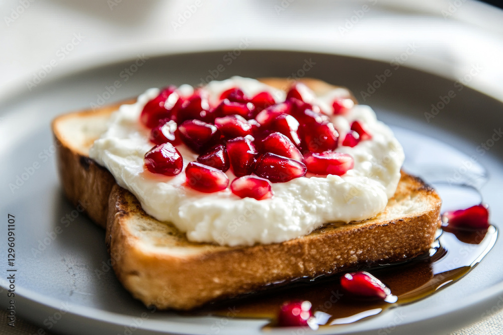 Crunchy toast with thick yogurt, honey, and fresh pomegranate seeds on a ceramic plate Crunchy toast with thick yogurt, honey, and fresh pomegranate seeds on a ceramic plate